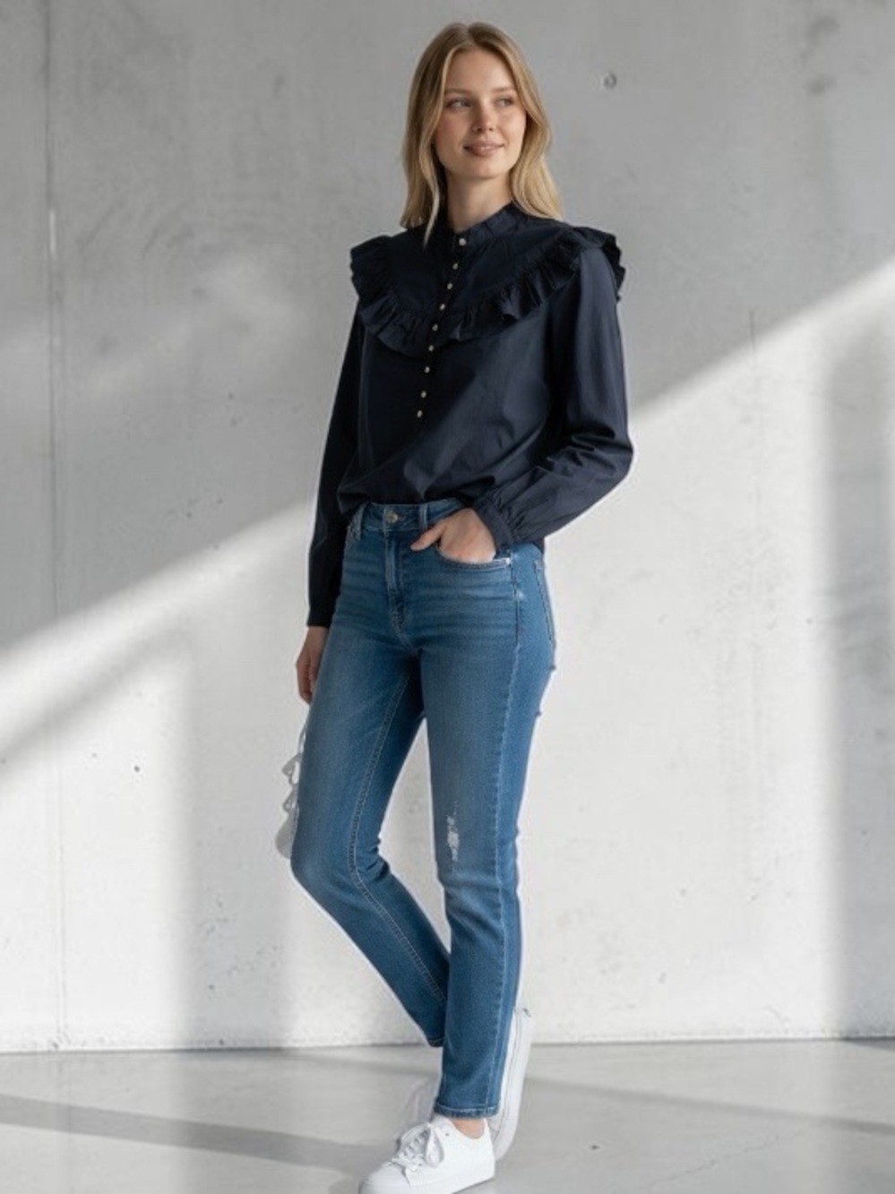 Black Ruffled Button-Front Blouse